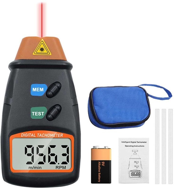 Digitaler Drehzahlmesser, berührungsloser Laser-Drehzahlmesser 2,5-99999 U/min Drehzahlmesser mit Reflektorstreifen (9V-...