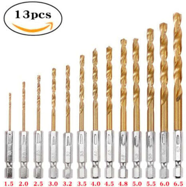 13-teiliges Schlagbohrer-Set, HSS-Spiralbohrer-Set mit Sechskantschaft aus Titan für Metall, Stahl, Holz, Kunststoff, Sc...