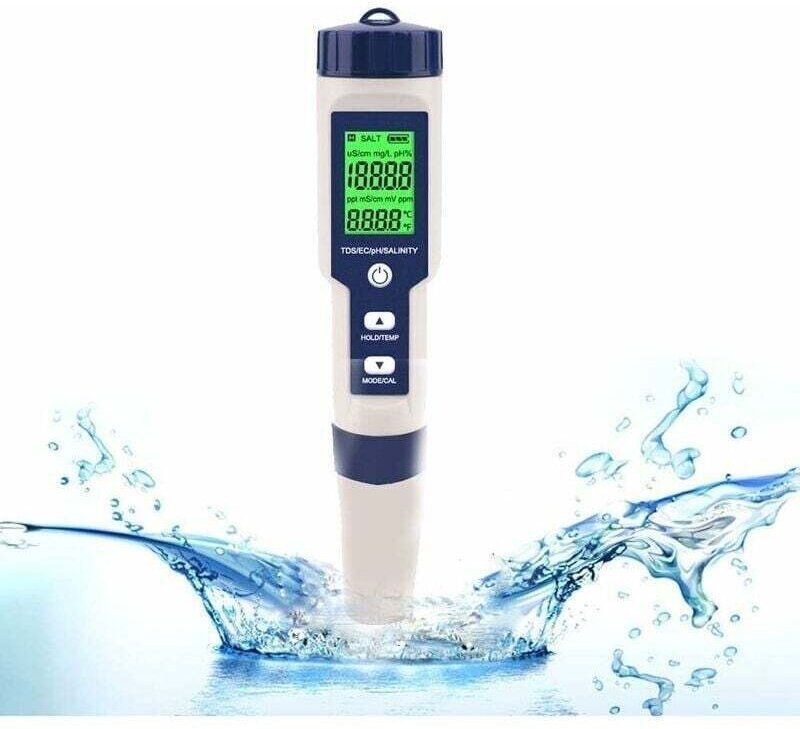 Elektronisches pH-Meter, 5-in-1-pH-Meter, Taschenthermometer, Wasserqualitätstester (pH-Wert, elektrische Leitfähigkeit,...