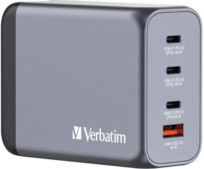 Verbatim GaN GNC-200 Wandladegerät 3xUSB-C PD (2x100W+65W) 1xUSB-A QC 3.0