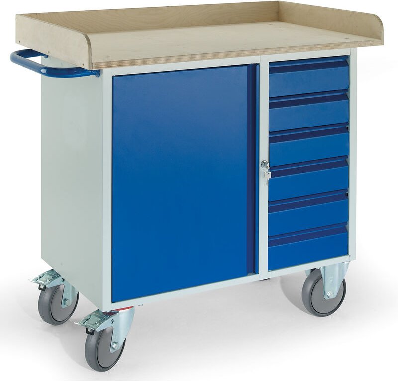 Rollcart Montagewagen mit Holzrand, 6 Schubladen und Stahlschrank