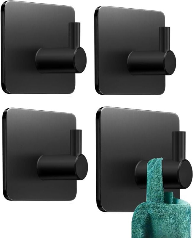 Schwarze Wandhaken ohne Bohren, 4er-Pack, Badezimmer-Klebehaken, wasserdichte, an der Wand montierte Klebehaken, Aufkleb...