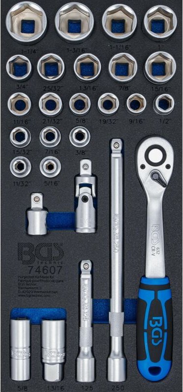 BGS 74607 Werkstattwageneinlage 1/3: Steckschlüsse l-Satz, Zollgrößen, 12,5 mm (1/2"), 27-tlg.