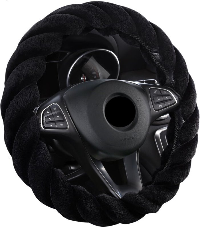 Warmer Winter-Lenkradbezug, Plüsch-Lenkradbezug, Winter-Lenkradbezug für 37-38 cm Lenkräder (Schwarz)
