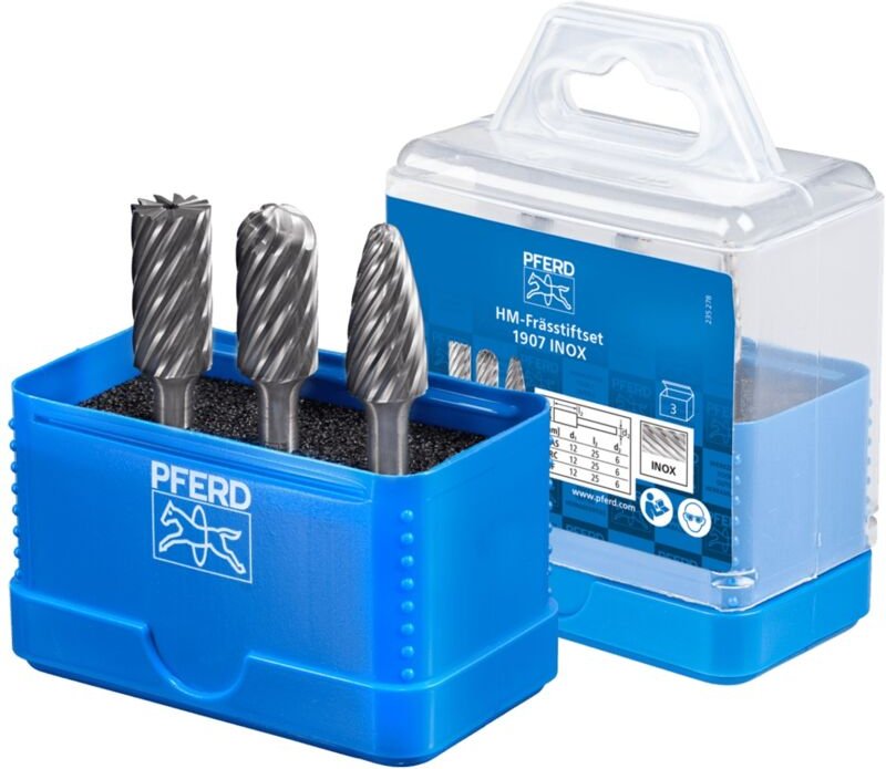 PFERD Hartmetall Hochleistungsfrässtift Set 1907 INOX 3-tlg. Ø 12mm Schaft-Ø 6 mm für Edelstahl