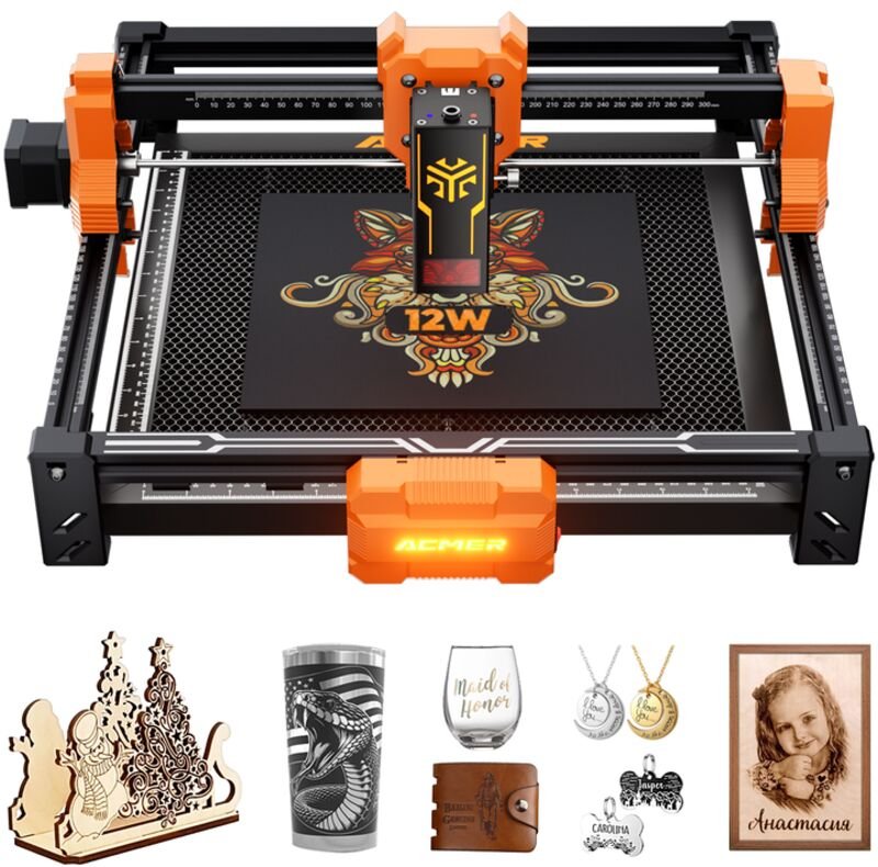 ACMER S2 Laser Graviermaschine, 12W Lasergravierer & -schneider, Gravurwerkzeug für Metall/Glas/Holz, Arbeitsbereich 300...