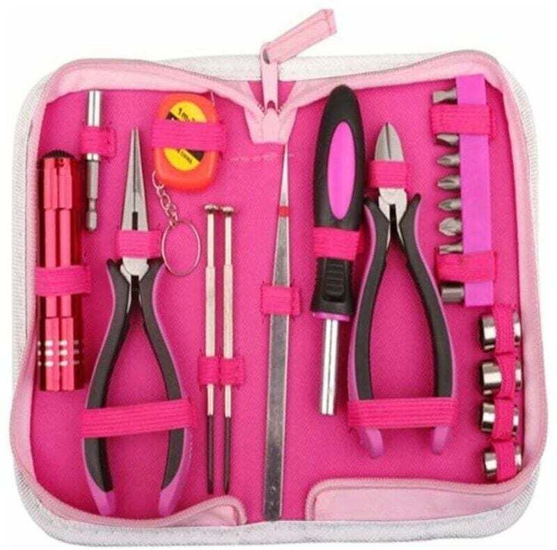 23-teiliges, pinkfarbenes Werkzeugset mit pinkfarbener Nylon-Aufbewahrungstasche für Heimwerkerarbeiten und Reparaturen ...