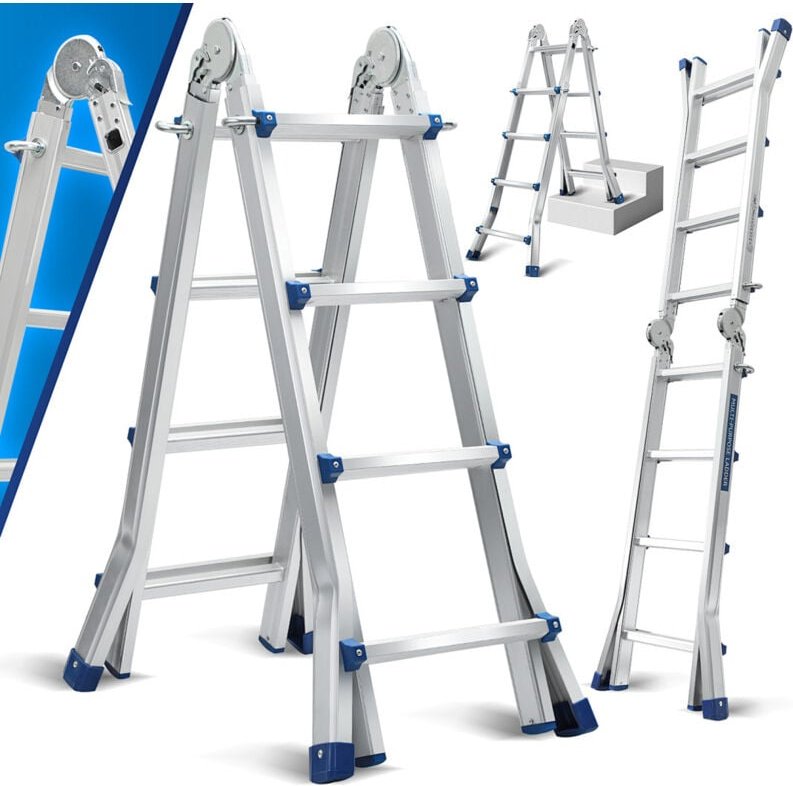 Wolketon Teleskopleiter Alu Leichtgewicht 4x4 Ebene Silber multifunktion Multifunktionsleiter Mehrzweckleiter Ausziehbar...