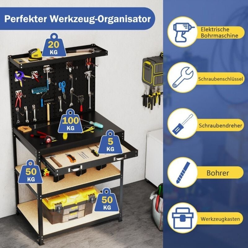 Werkbank 81 x 41 cm 225 kg tragkraft arbeitstisch mit lochwand amp schubladen amp regalen schwarz