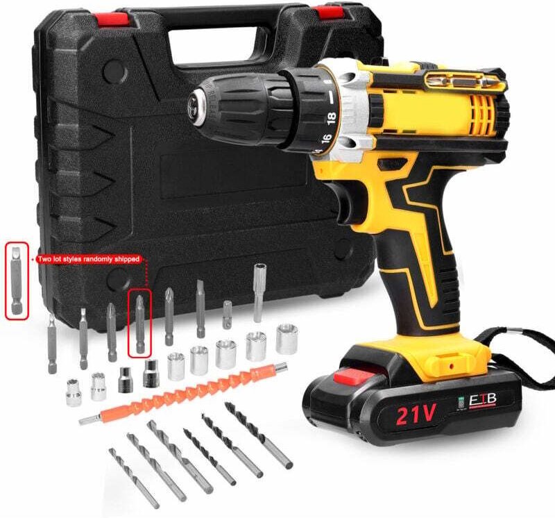 21V Akku-Bohrschrauber, Akkuschrauber mit 1,2 Ah Akku, 2 Geschwindigkeiten, led, 23 Zubehörteile für Heimwerker