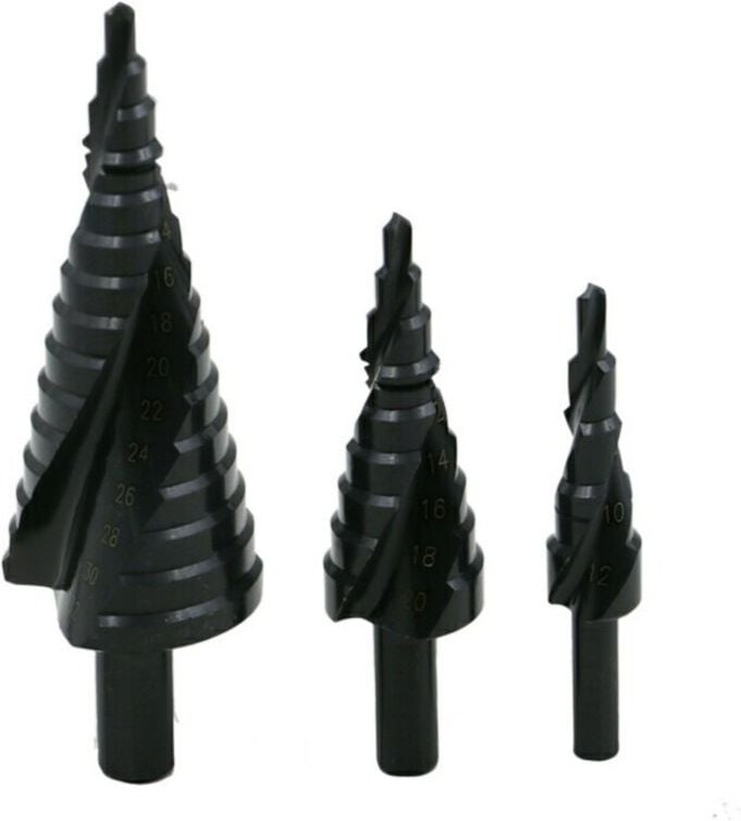 Sollbry - 3-teiliger Stufenbohrer 4-12/20/32 mm, Senkerbohrer, HSS-Edelstahlmetall, dreieckiges konisches Titan, mit Sec...