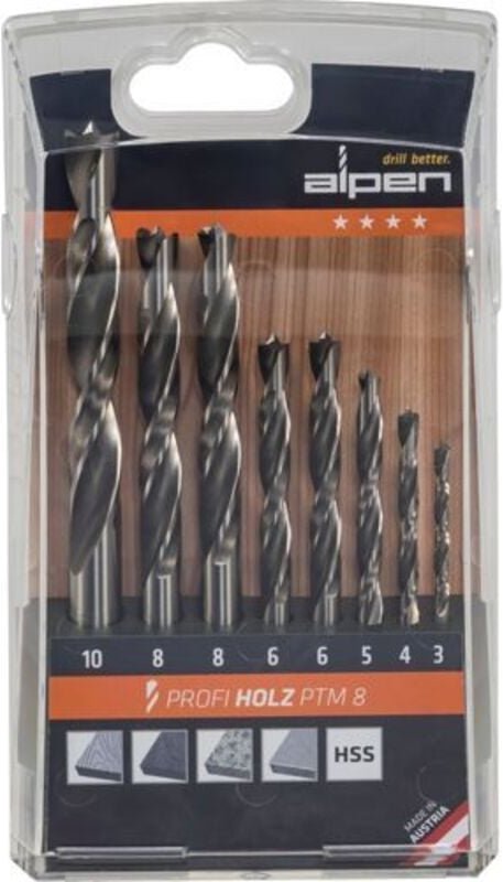 600093100 Holz-Spiralbohrer-Set 8teilig 3 mm, 4 mm, 5 mm, 6 mm, 8 mm, 10 mm Zylinderschaft 1 - Alpen