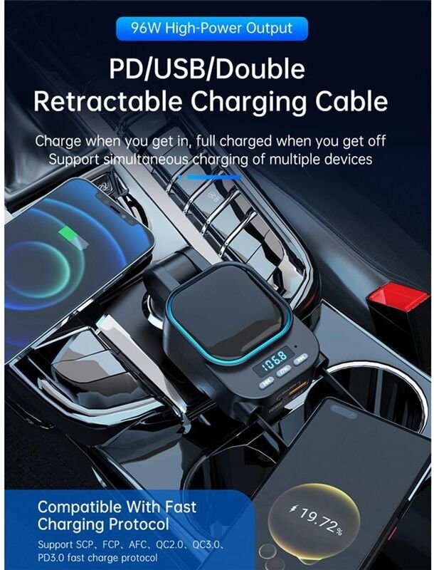 Einziehbares Autoladegerät 96 W mit -Autoadapter, 4-in-1-Schnellladung, Radio 5.3 FM-Transmitter Fürs Auto