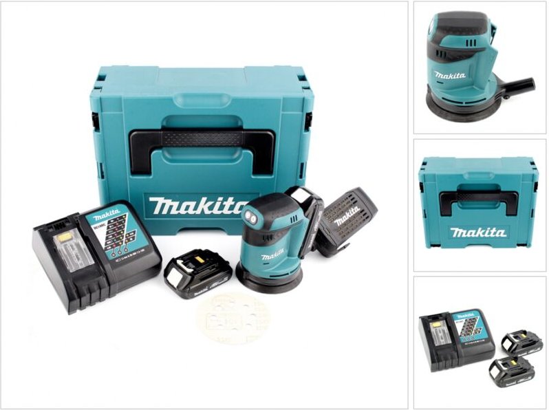 Makita DBO 180 RYJ 18 V Akku Exzenterschleifer + 2x Akku 1,5Ah + Ladegerät + Makpac