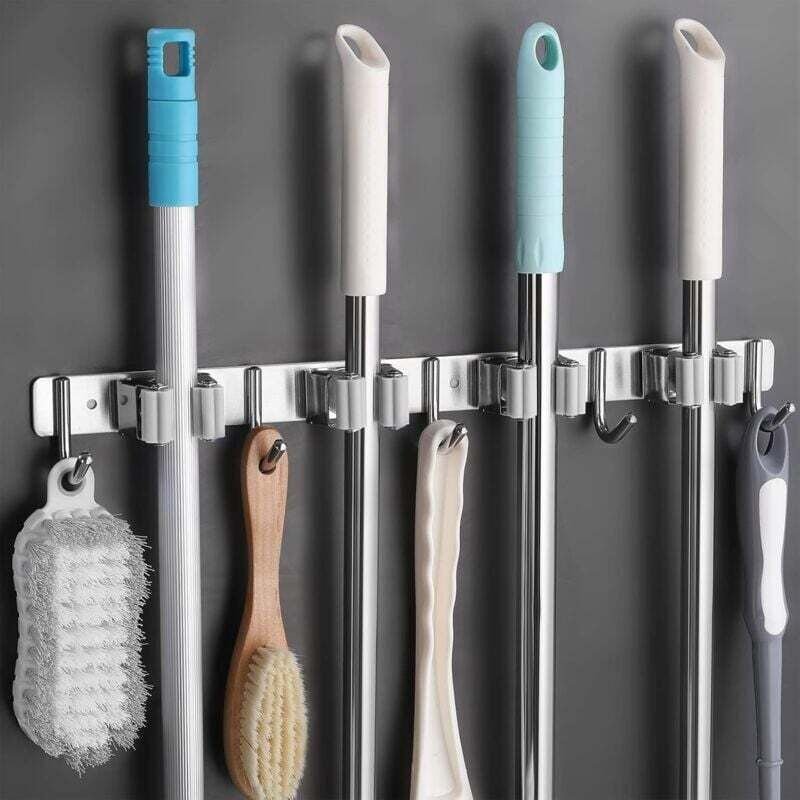 Wandmontierter Besenhalter mit 4 Schlitzen und 5 Haken, Edelstahl, selbstklebend, für Küche, Bad und Garten, Grau