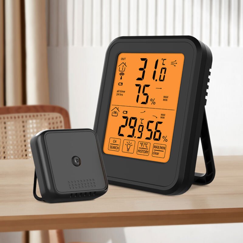 Digitales Thermometer-Hygrometer, Innen- und Außenthermometer-Hygrometer mit drahtlosem Außensensor, LCD-Hintergrundbele...