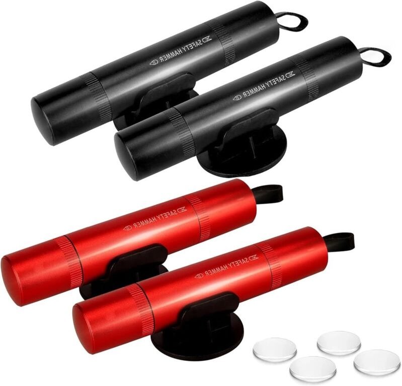 4-teilig – Autoglasbrecher – Sicherheitsgurtschneider – Notfall-Glasbrecher – mit Testglas – Rot, Schwarz
