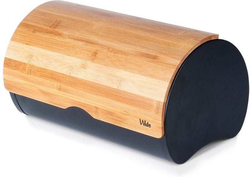 Spacious bread box in durable bamboo wood and black steel