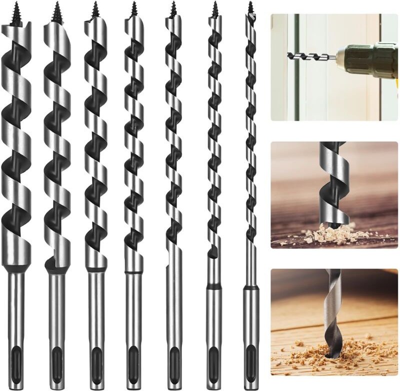 Set mit 7 langen Spiralbohrern für Holz (6/8/10/12/14/16/18 x 230 mm), SDS-Plus-Bohrer, Holzbearbeitungswerkzeug zum Her...