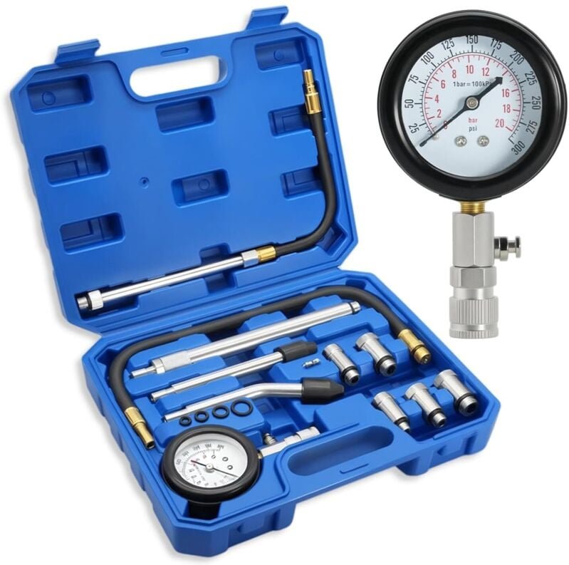 11-teiliges Kompressionsprüfset für Benzinmotoren, 0–300 PSI / 0–20 bar, Kompressionsprüfer für Pkw-Benzinmotoren, Kompr...