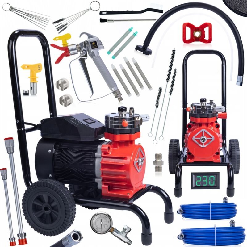 Rosfix Set Red Strong Storm 1100 RSS05 – Airless Farbspritzgerät 3500 W, 22 MPa, 18 l/min LCD-Anzeige, Edelstahlpumpe Fü...