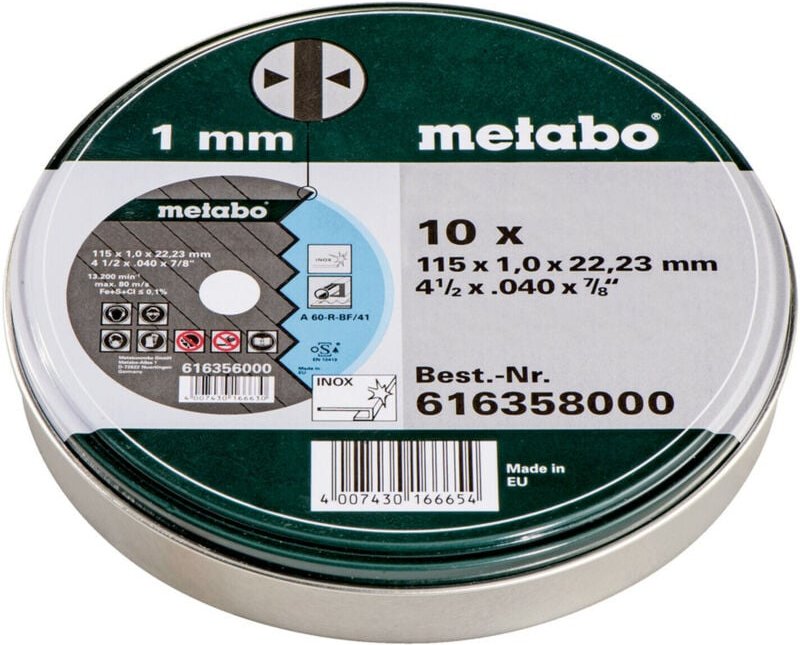 Metabo - Trennscheiben sp 115x1,0x22,23 Inox, tf 41, 10 Stück in Blechdose