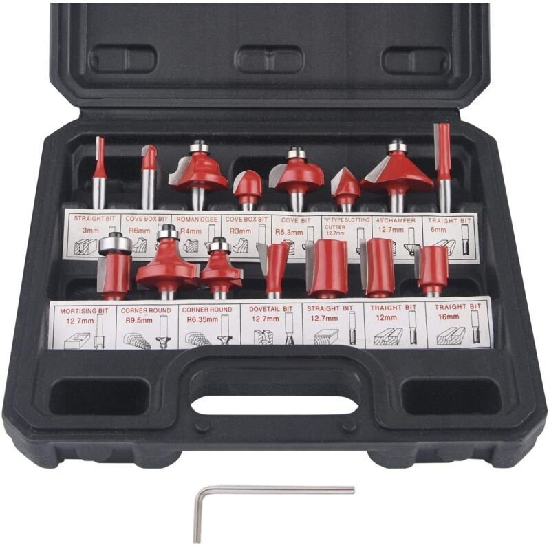 Set mit 15 Fräsern, Schaft 6,35 mm (1/4"), Fräser für Holzarbeiten mit Hartmetallspitze, gehärtete Stahlbohrer