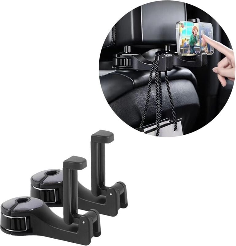 Set mit 2 Auto-Kopfstützenhaken mit Handyhalterung, 360° drehbarer Haken hinten zum Aufhängen von Taschen, Geldbörsen, T...