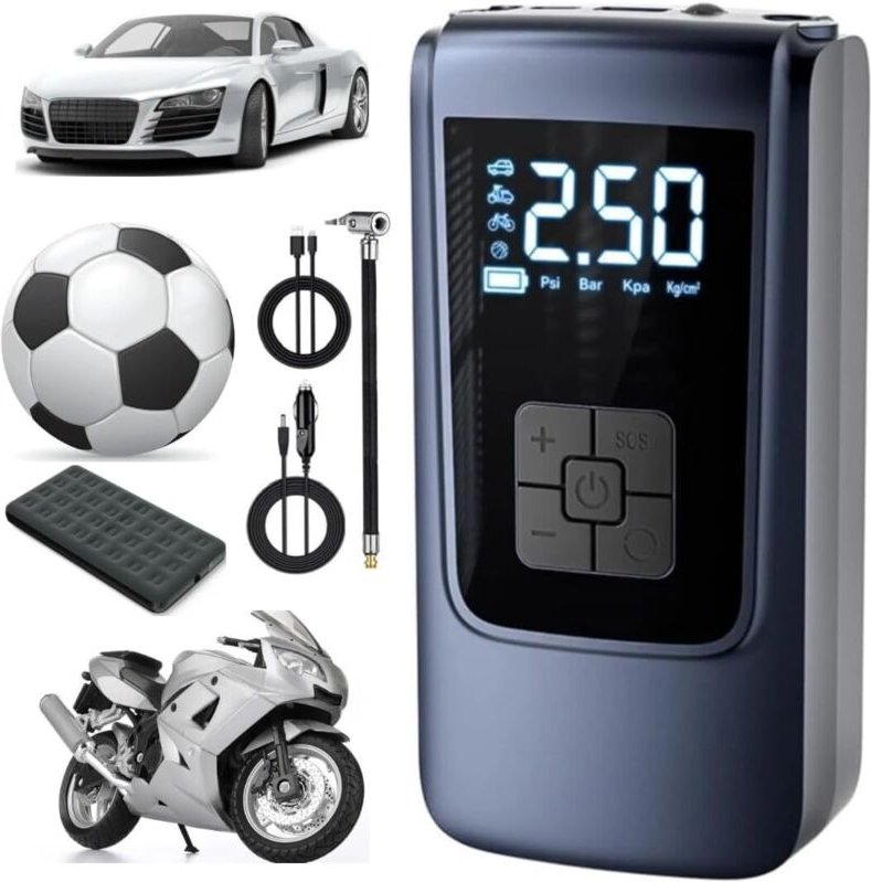 Tragbarer Reifenfüller mit Kompressor – 150 PSI Luftkompressor mit Reifendruckmesser, 2000 mAh wiederaufladbare elektris...