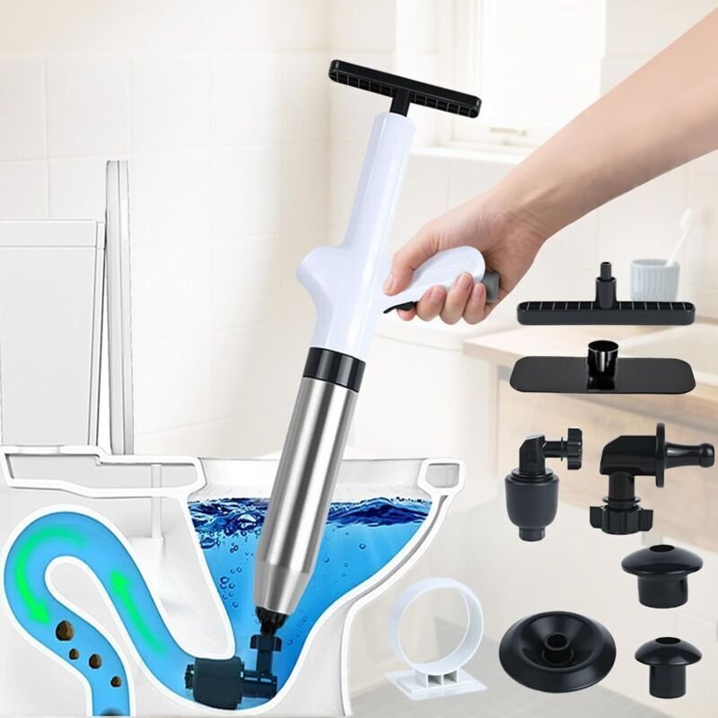 Hochdruck-Abflussreiniger (4 Adapter), professionelle Entkalkungspumpe mit Luftkompression und Manometer – für Toiletten...