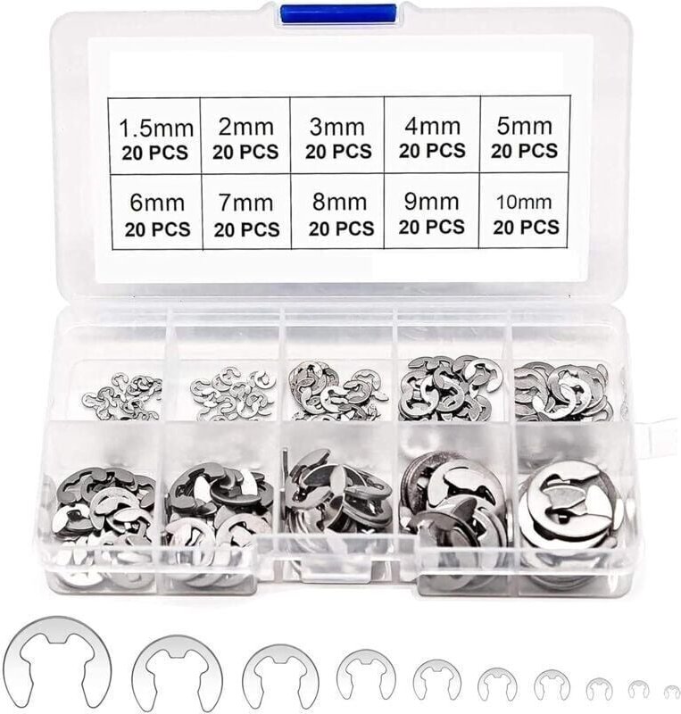 200 E-Clips Sicherungsringe (Außen- und Innenringe), Edelstahl-Sicherungsring-Sortiment – 1,5/2/3/4/5/6/7/8/9/10 mm