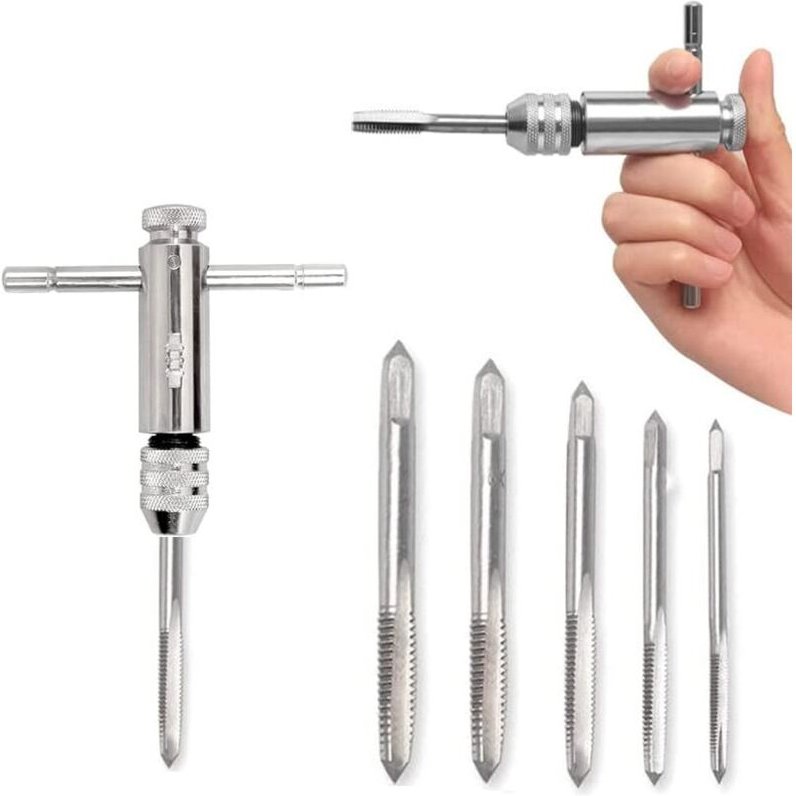 T-Griff-Ratschen-Gewindebohrerhalter, verstellbarer T-förmiger Einhand-Ratschen-Gewindebohrer-Werkzeugsatz mit 3 mm, 4 m...