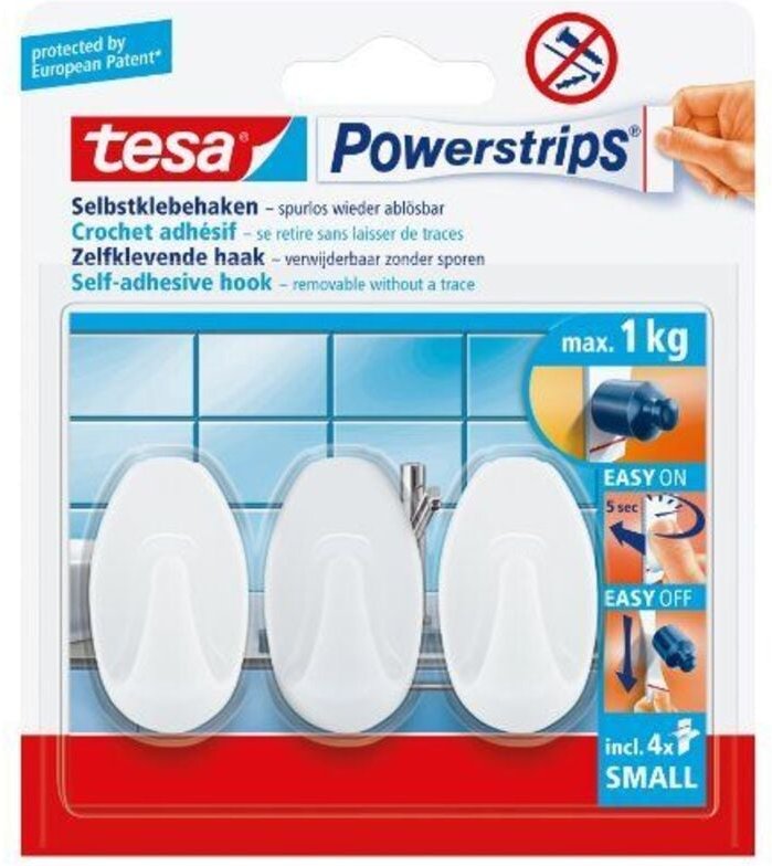 Tesa - Powerstrips Haken Small oval - Selbstklebender Wandhaken für Glas, Kacheln, Holz, Kunststoff und andere Untergrün...