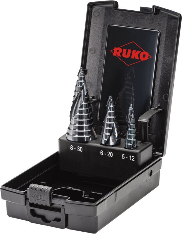 RUKO ULTIMATECUT Stufenbohrer-Satz HSSE-Co 5 RUnaTEC mit FLOWSTEP® Spitze in Kunststoffkassette - 3 tlg. - 101626EPRO