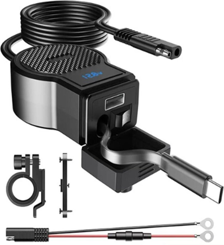 PD QC4.0 Motorrad-USB-Schnellladegerät, Wasserdicht, mit Einziehbarem Typ-C-Kabel und Handy-Voltmeter