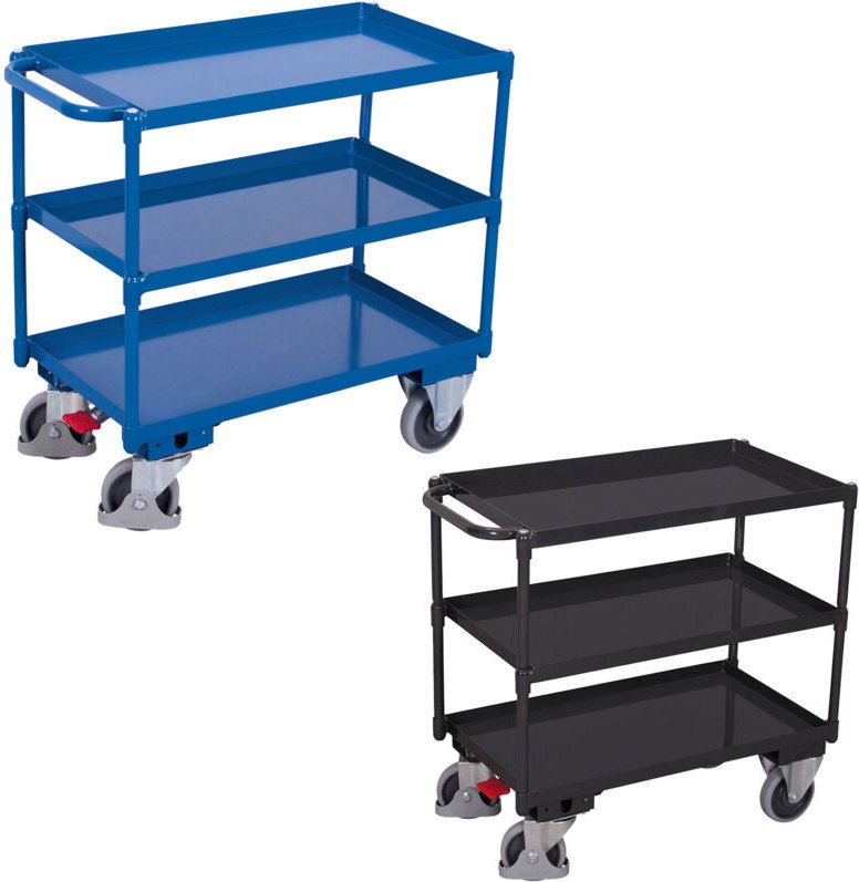 VARIOfit Tischwagen mit Wanne, gebogenem Schiebegriff und 3 Ladeflächen 845x495mm Anthrazitgrau RAL 7016