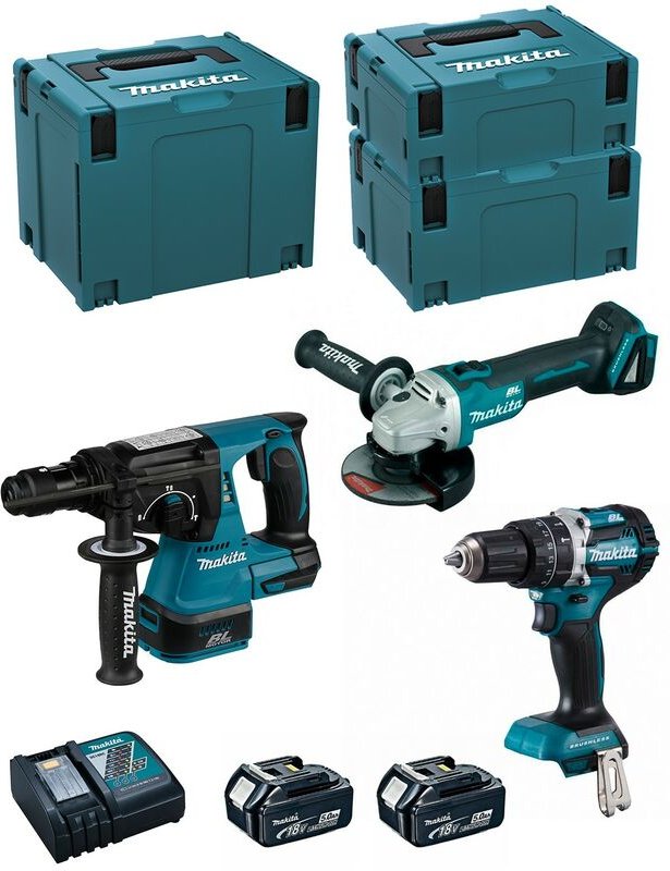 Makita - Kit MK311RTJ (DHR243 + DHP484 + DGA504 + 2 x 5,0 Ah + DC18RC + makpac 2 + makpac 3 + makpac 4)