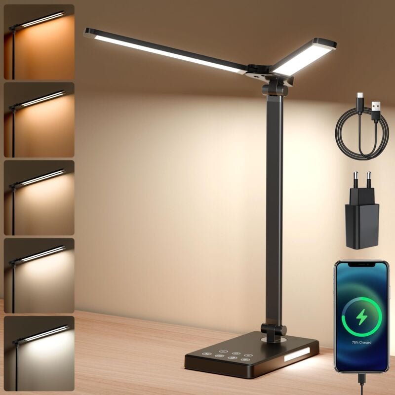 LED-Schreibtischlampe mit zwei Köpfen, dimmbare Schreibtischlampe mit Augenschutz zum Lesen für Kinder, 5 Helligkeitsstu...