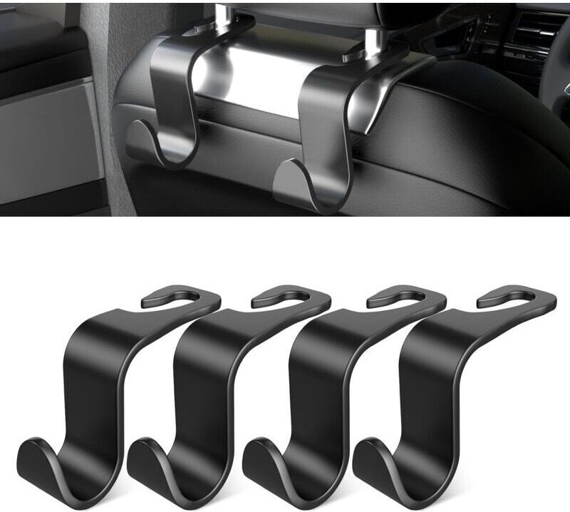 4er-Set Autositz-Rückenlehnenhaken – Auto-Innenausstattung – Schwarzer Kunststoff – Geeignet für Handtaschen, Einkaufsta...