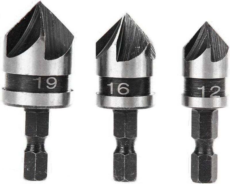 3-teiliges 90°-Fasenbohrer-Set mit 5 Schneiden für Holz und Metall, Schnellwechsel-Fasenbohrer aus Kohlenstoffstahl (1/4...