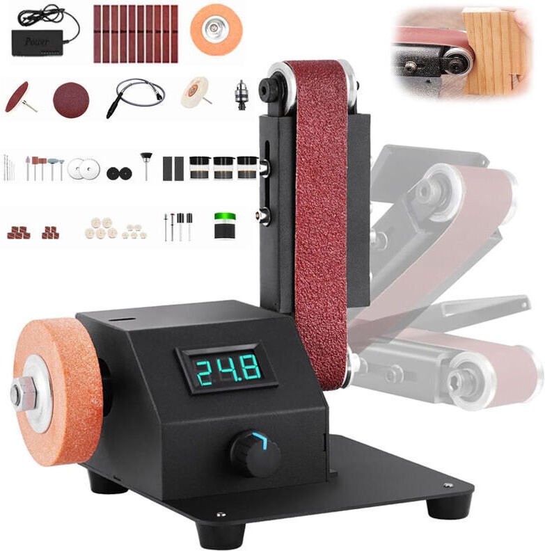 Vtizikl Ponceuse à Bande Mini, 350W Ponceuse électrique , Meuleuse d'établi à Bande de 1,2x15" livrée avec 10 pièces Ban...