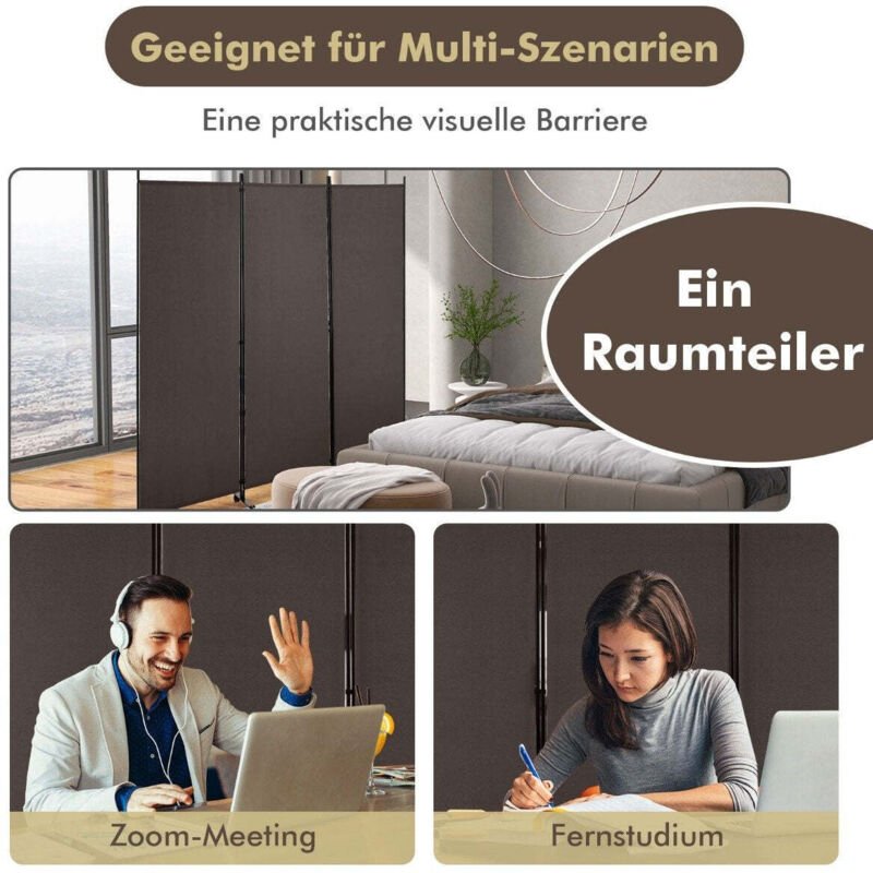 180 cm hoher raumteiler auf radern klappbarer paravent mit 3 frei kombinierbaren paneelen braun