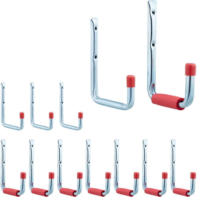 12 tlg. Wandhaken Set, 2 Größen, bis 17,5 kg, Haken für Garage, Werkstatt, Keller, Stahl, Schaumstoff, silber-rot