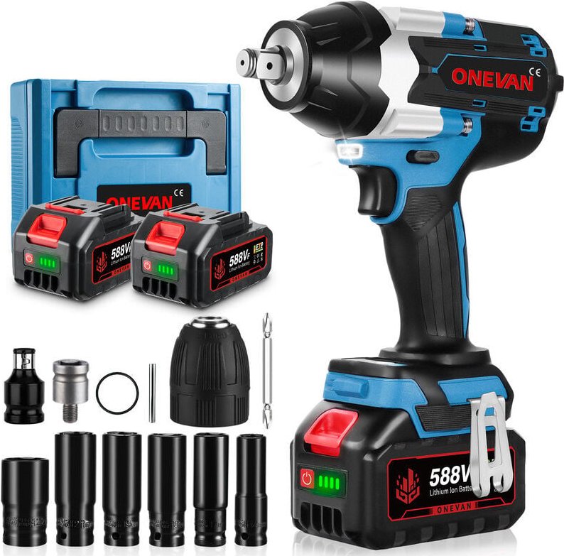 Onevan - Akku Schlagschrauber 1800Nm,1/2' Drehschlagschrauber für LKWs – mit 2 Batterie +12 Zubehör
