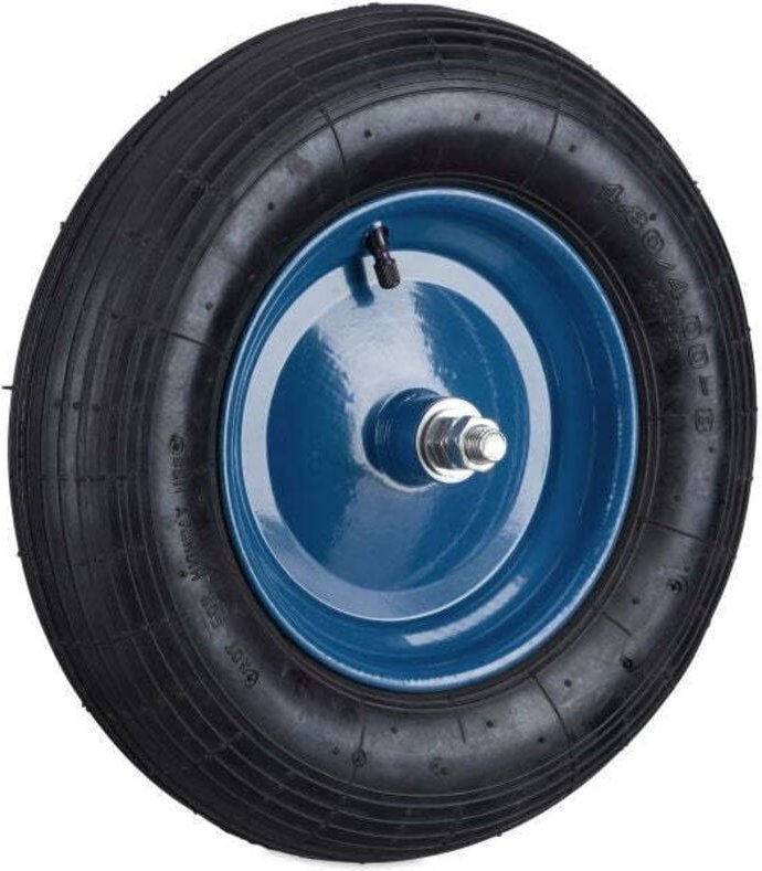 Wheelbarrow wheel with blue rim axle