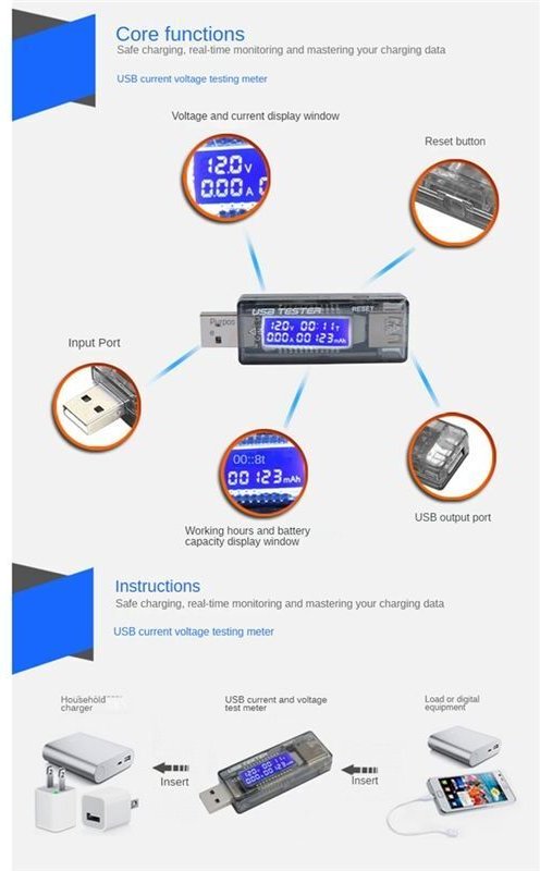 Mobile Power Ladestrom Spannung Digitaler Monitor USB Tester Strom 0-3A Spannung 4-20V Dual Meter Display