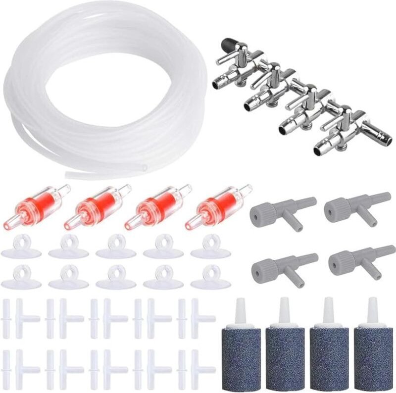 Air Luftpumpe Zubehör für Fische Tank, 4-Wege Aquarium Luft Strömungsregler Ventil, 8M Silikonschlauch, 4 Rückschlagvent...