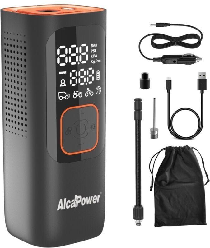Alcapower - Tragbarer Mini-Auto- und Fahrradkompressor 160 psi 3 in 1 – Kompressor, PowerBank und Taschenlampe