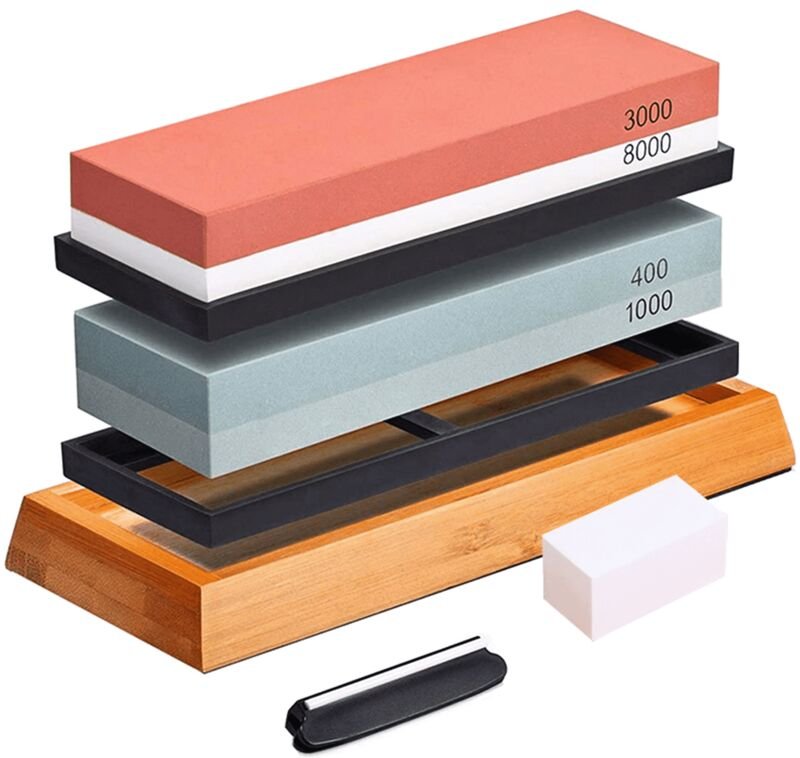 Schleifstein – professionelles Messerschärfer-Set 400/1000 3000/8000 mit rutschfester Basis, Abflachungsstein-Winkelführ...