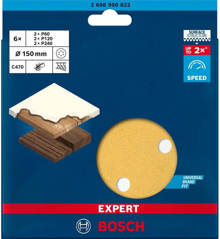 Bosch Expert Schleifpapier C470 150mm mit 6 Löcher, Körnung: Gemischtes Set, Packungsinhalt: 6 Stück